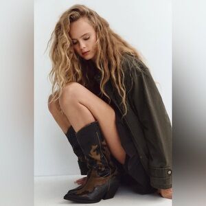 Zara CONTRASTING COWBOY BOOT Size 37 / 6.5 Brown and Black Blogger Favourite